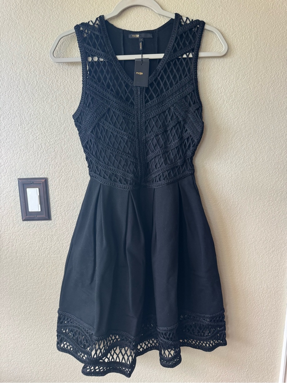 NWT Maje Black Rope Lace Fit & Flare Mini Dress Size 1 MSRP $510